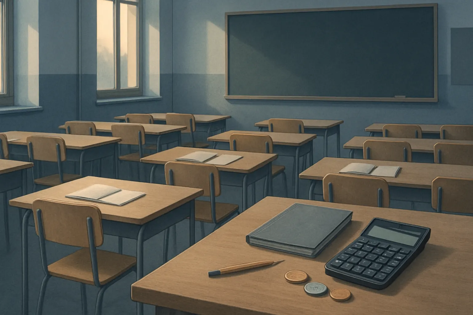 Salle de classe sobre avec bureaux, cahiers et calculatrice budgétaire, sans personne ni texte lisible