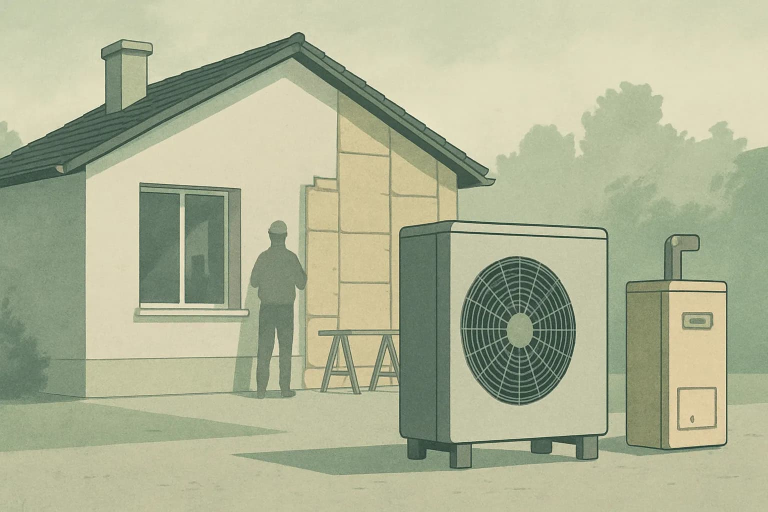 Une maison en rénovation avec matériaux isolants, pompe à chaleur et ancienne chaudière au gaz mise de côté