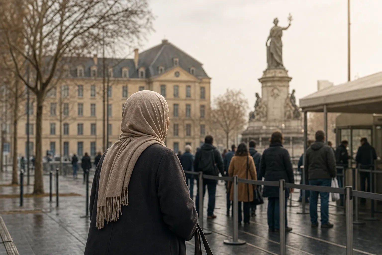 Illustration symbolique d’une femme portant un foulard face à une ligne de contrôle dans une rue française