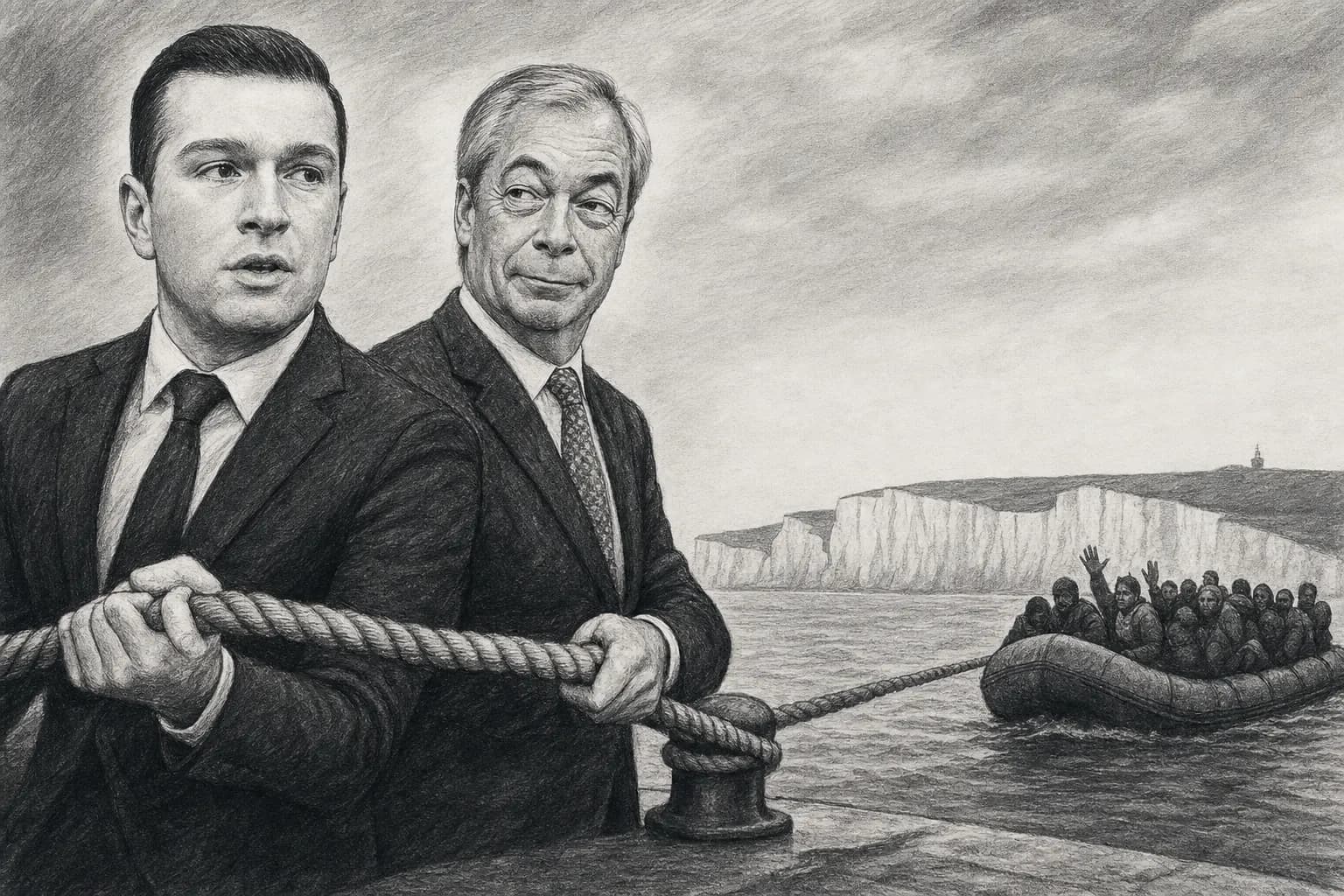 Illustration éditoriale de la Manche séparant les côtes française et britannique, avec une petite embarcation et un document d’accord au premier plan.