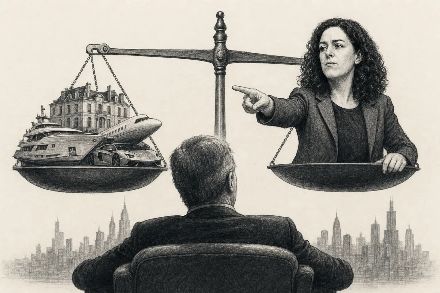 Illustration symbolique du débat sur les grandes fortunes : une balance et des piles de pièces face à un microphone.
