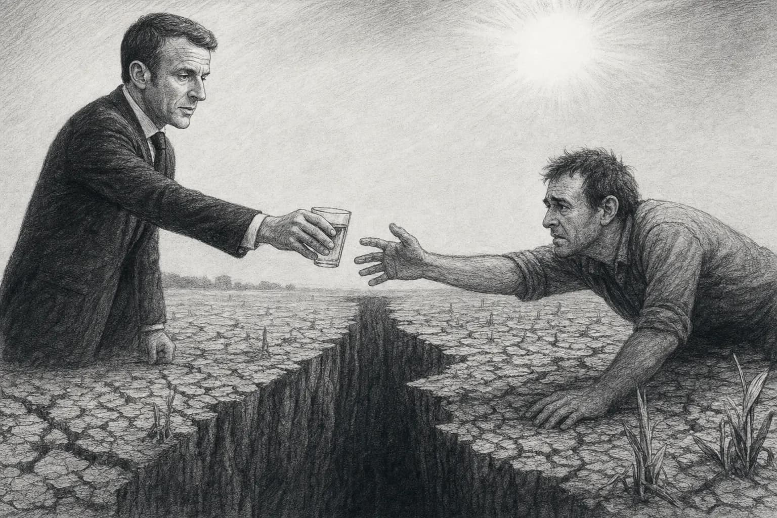 Champs agricoles desséchés traversés par une bande de terre cultivée, illustration sobre de l’aide publique après la sécheresse