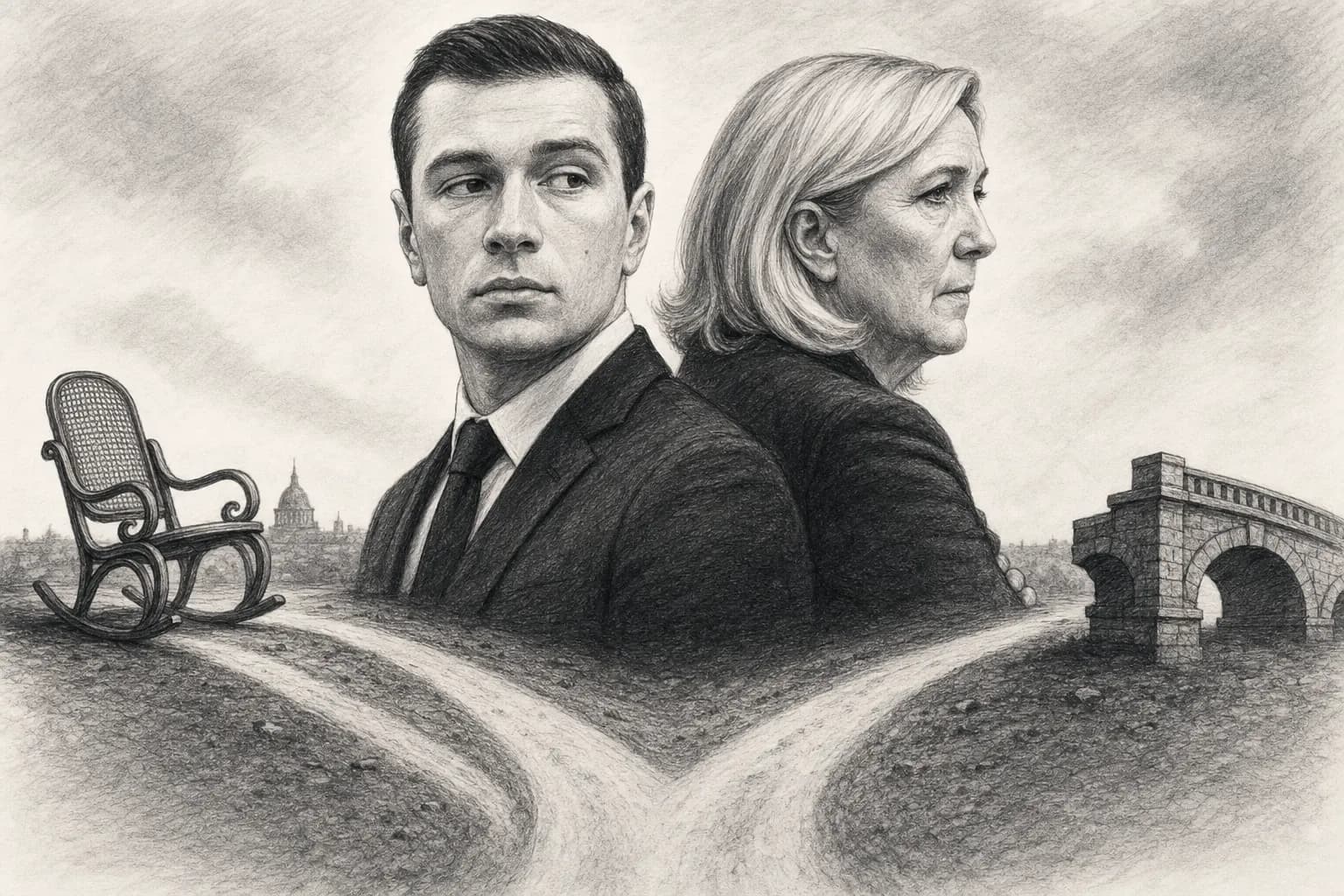 Illustration éditoriale sur les divergences politiques entre Jordan Bardella et Marine Le Pen.