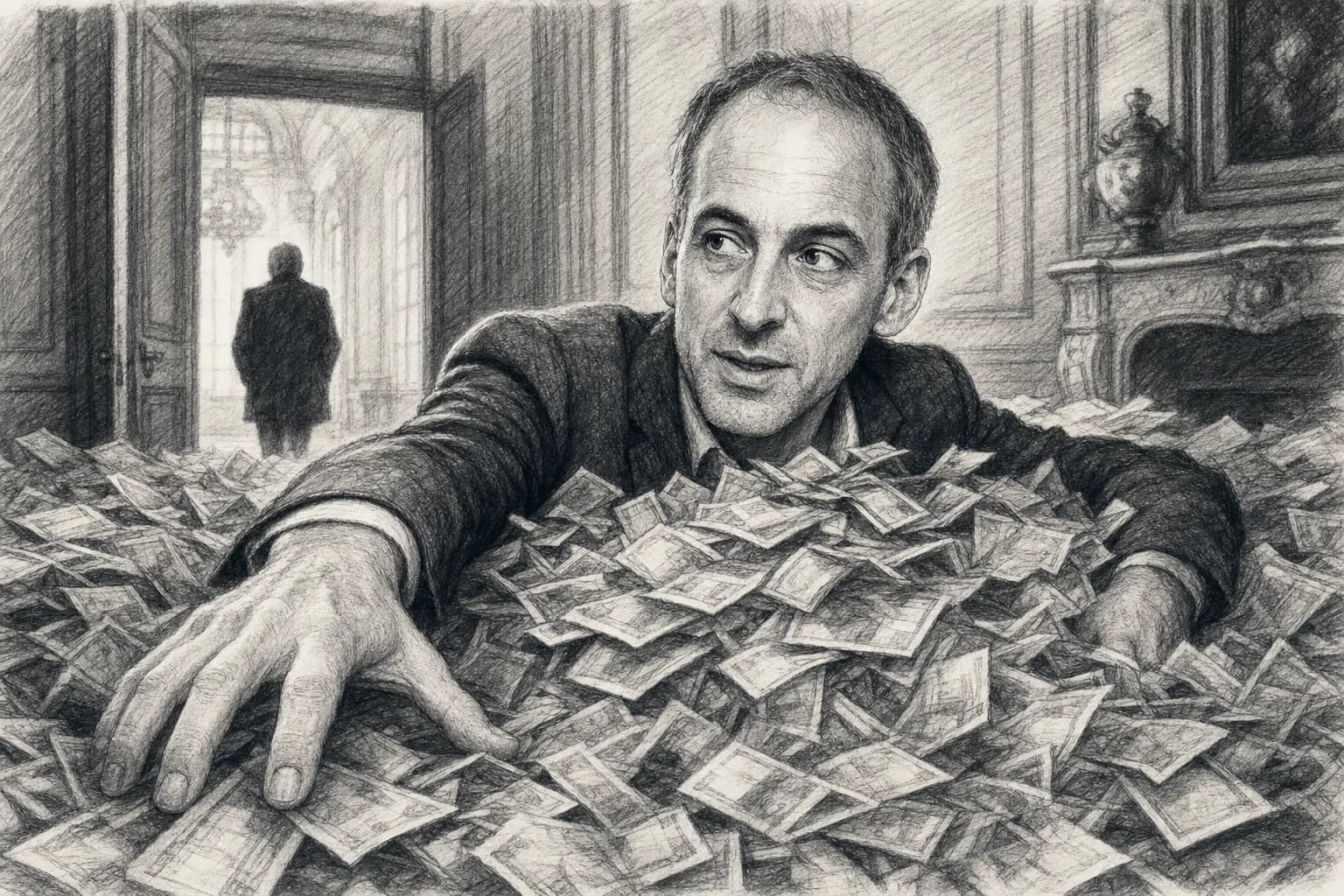 Illustration éditoriale d’un héritage fiscalisé : documents de succession, pièces, maison stylisée et calculatrice sur fond sobre.