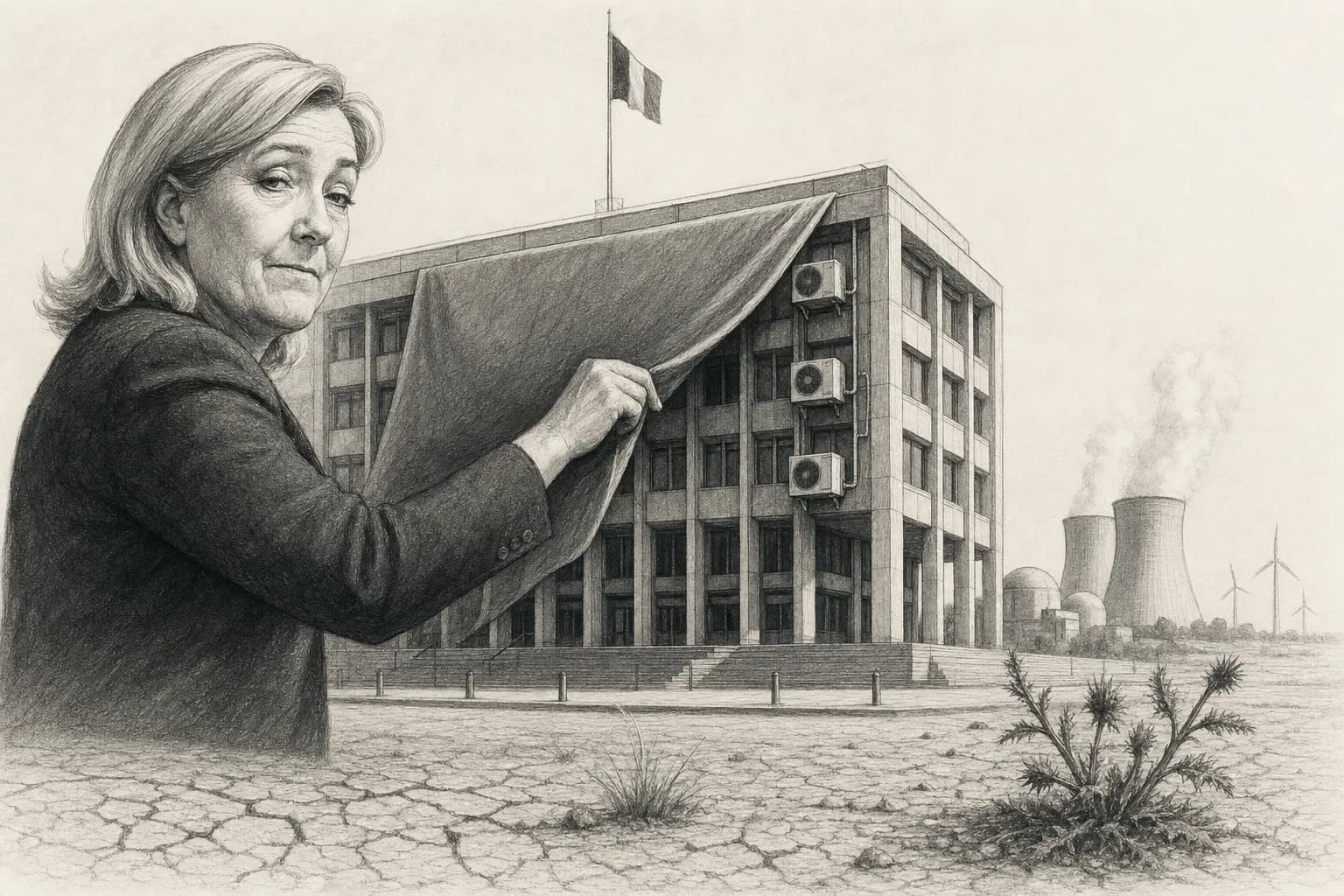 Bâtiment public exposé à une canicule, avec climatisation et centrale nucléaire au loin, illustration éditoriale du plan climatique du RN