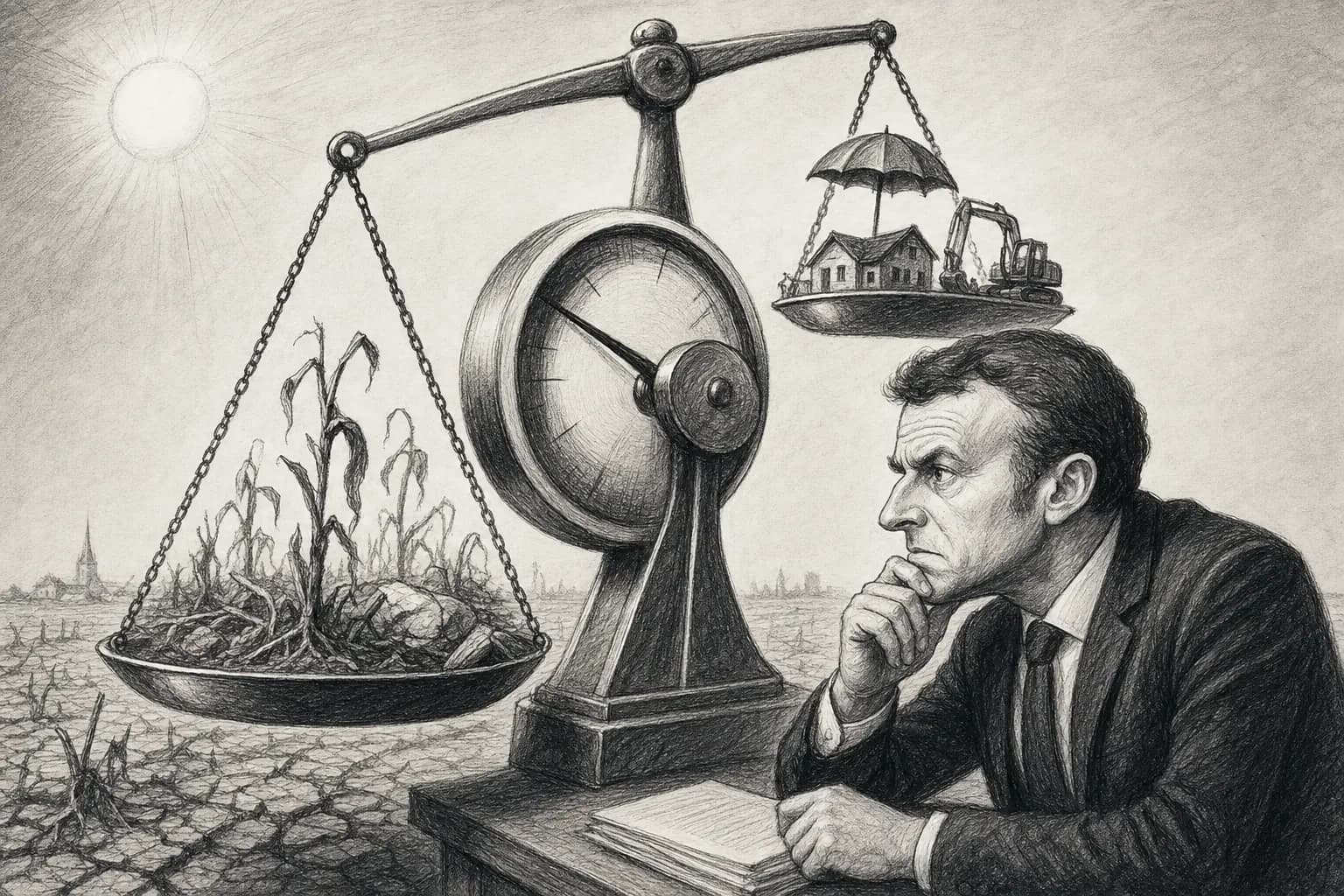 Champs agricoles desséchés traversés par une bande de terre cultivée, illustration sobre de l’aide publique après la sécheresse
