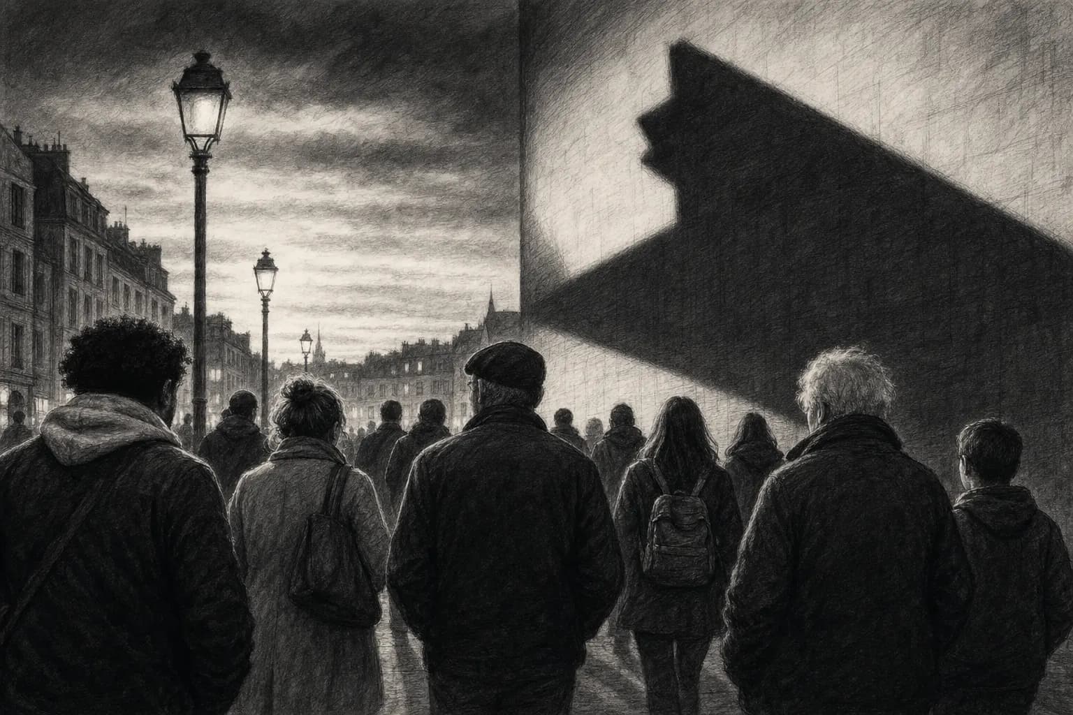 Passants dans une ville européenne, avec une ombre symbolique évoquant la polarisation politique.