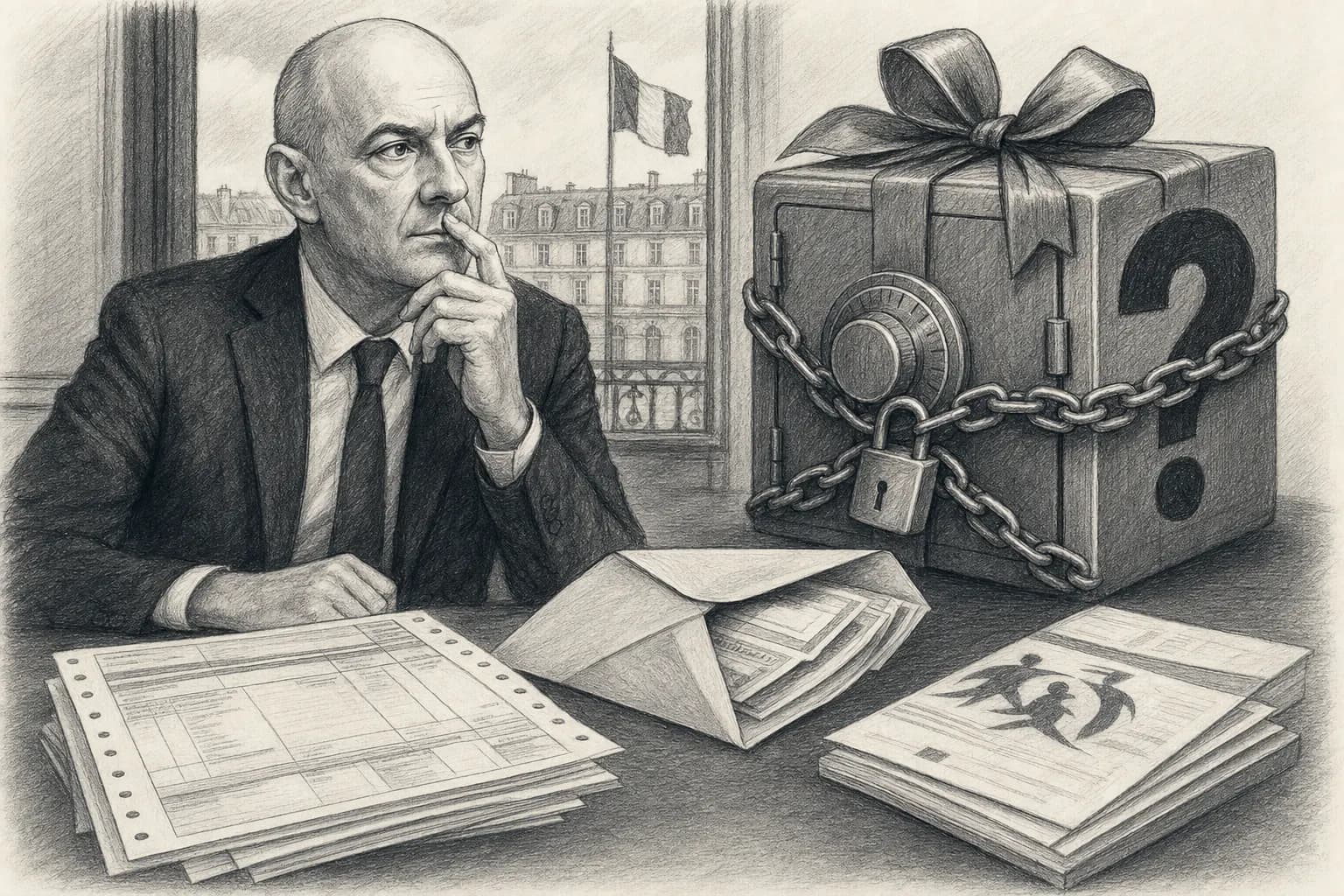 Illustration éditoriale de bulletins de paie et d’un plan d’épargne face aux comptes de la Sécurité sociale