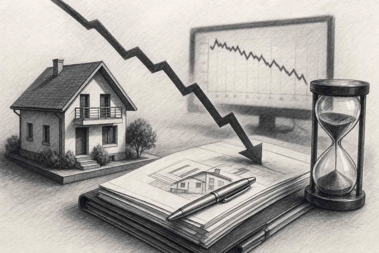 Illustration éditoriale d’une maison, d’un dossier de prêt et d’une courbe de taux sobre
