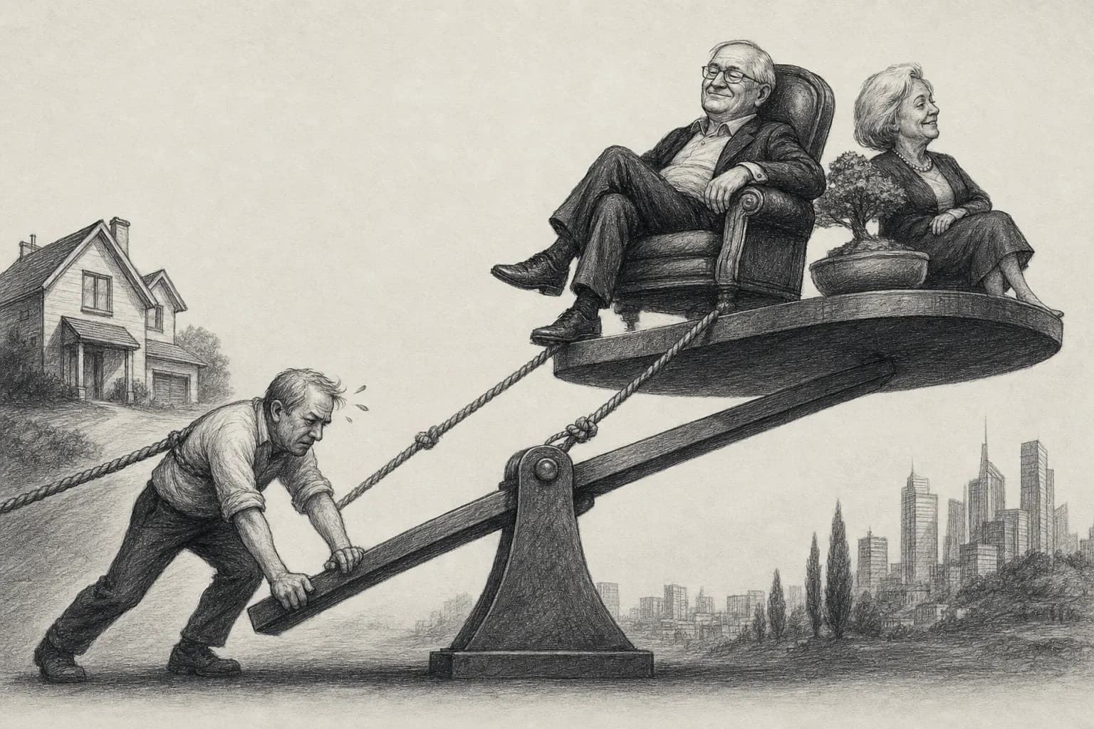 Illustration éditoriale du financement des retraites et des écarts de patrimoine entre ménages actifs et retraités.