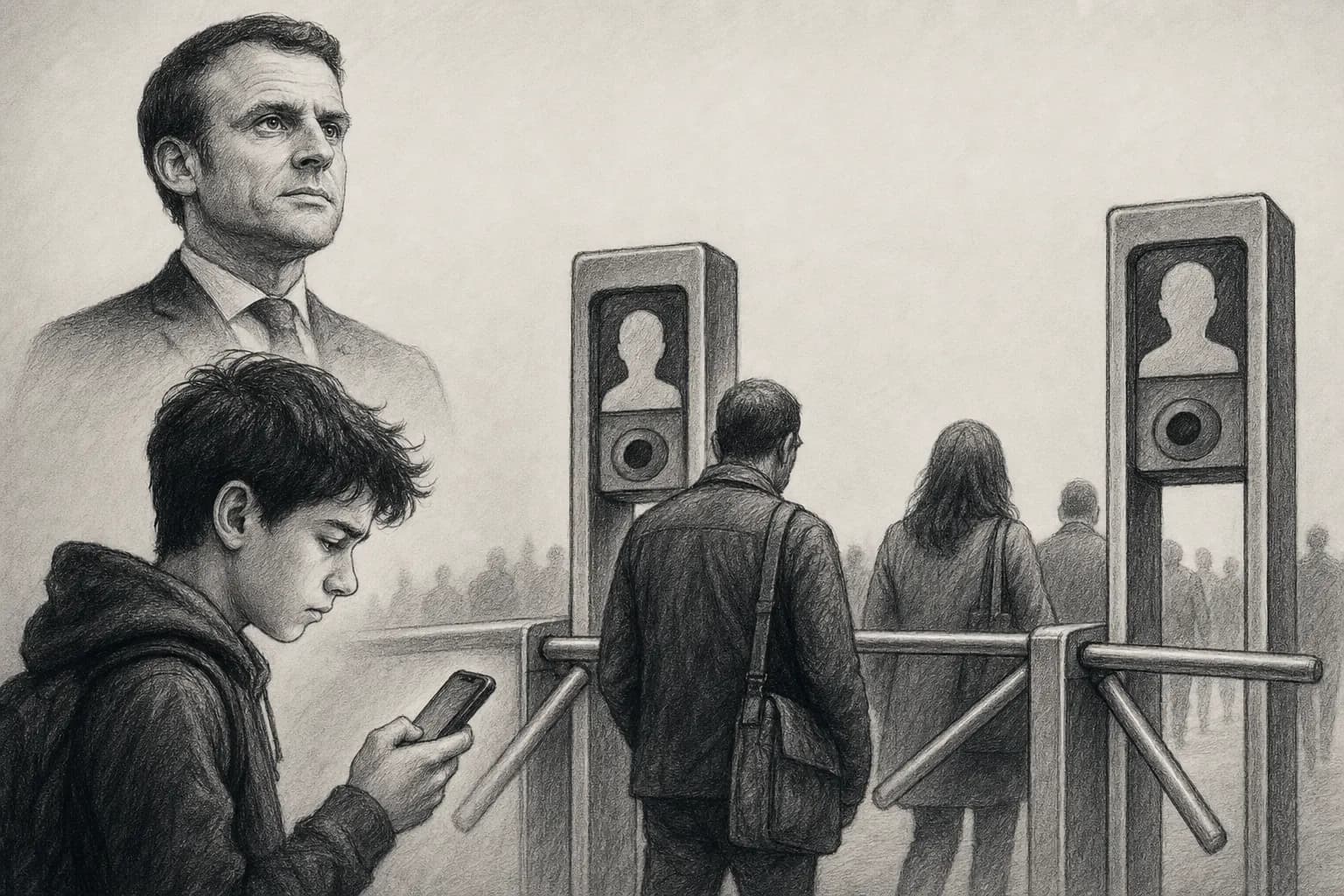 Un adolescent face à un téléphone, séparé d’une plateforme numérique par une barrière de contrôle d’âge