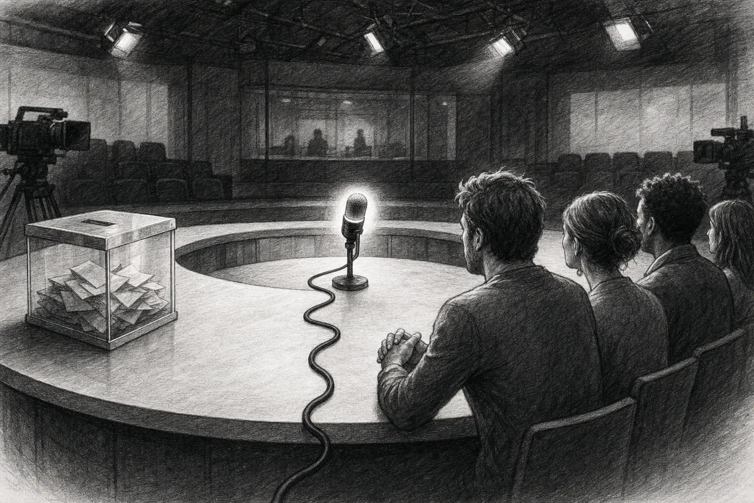 Un microphone de débat séparant symboliquement la liberté d’expression et l’égalité républicaine