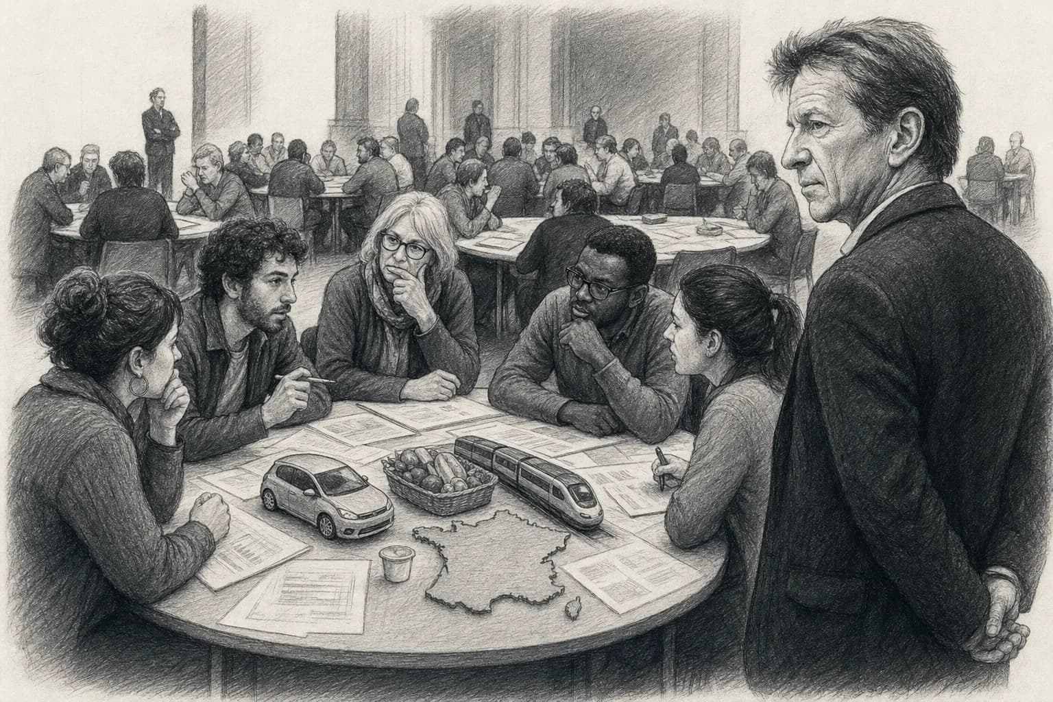 Illustration au crayon de citoyens réunis autour de tables pour débattre, sous le regard de Jean-Marc Jancovici.