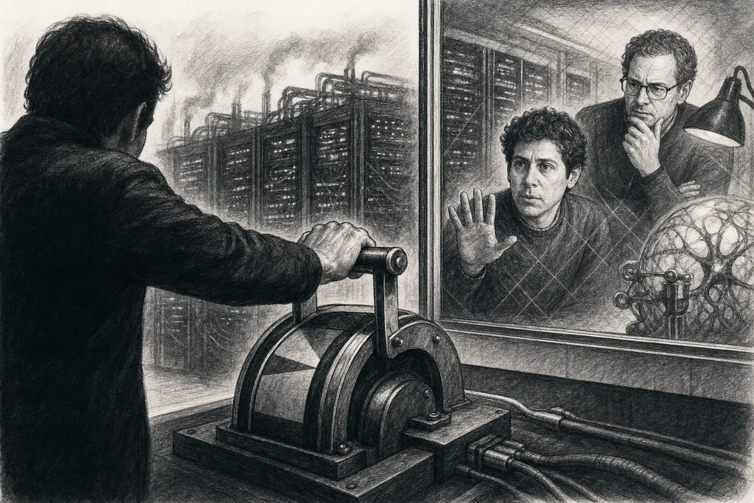 Illustration symbolique : un opérateur actionne une manette devant des serveurs, tandis qu’un observateur reste séparé du mécanisme de contrôle par une vitre.