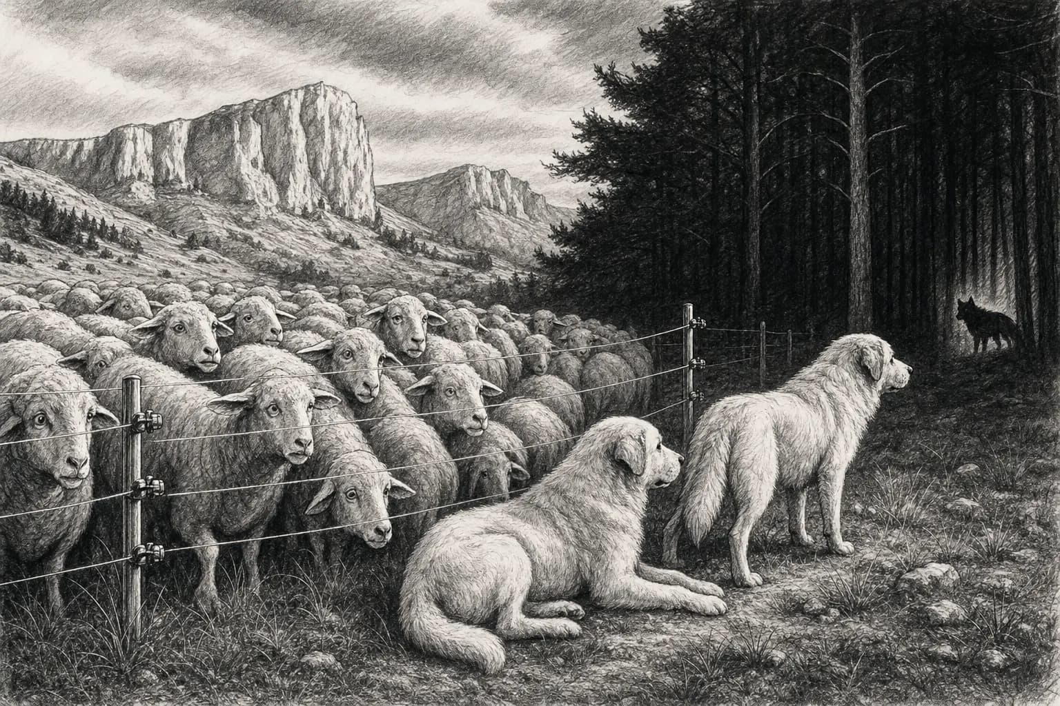 Un troupeau de brebis regroupé derrière une clôture dans un pâturage de montagne, sous la surveillance de chiens de protection
