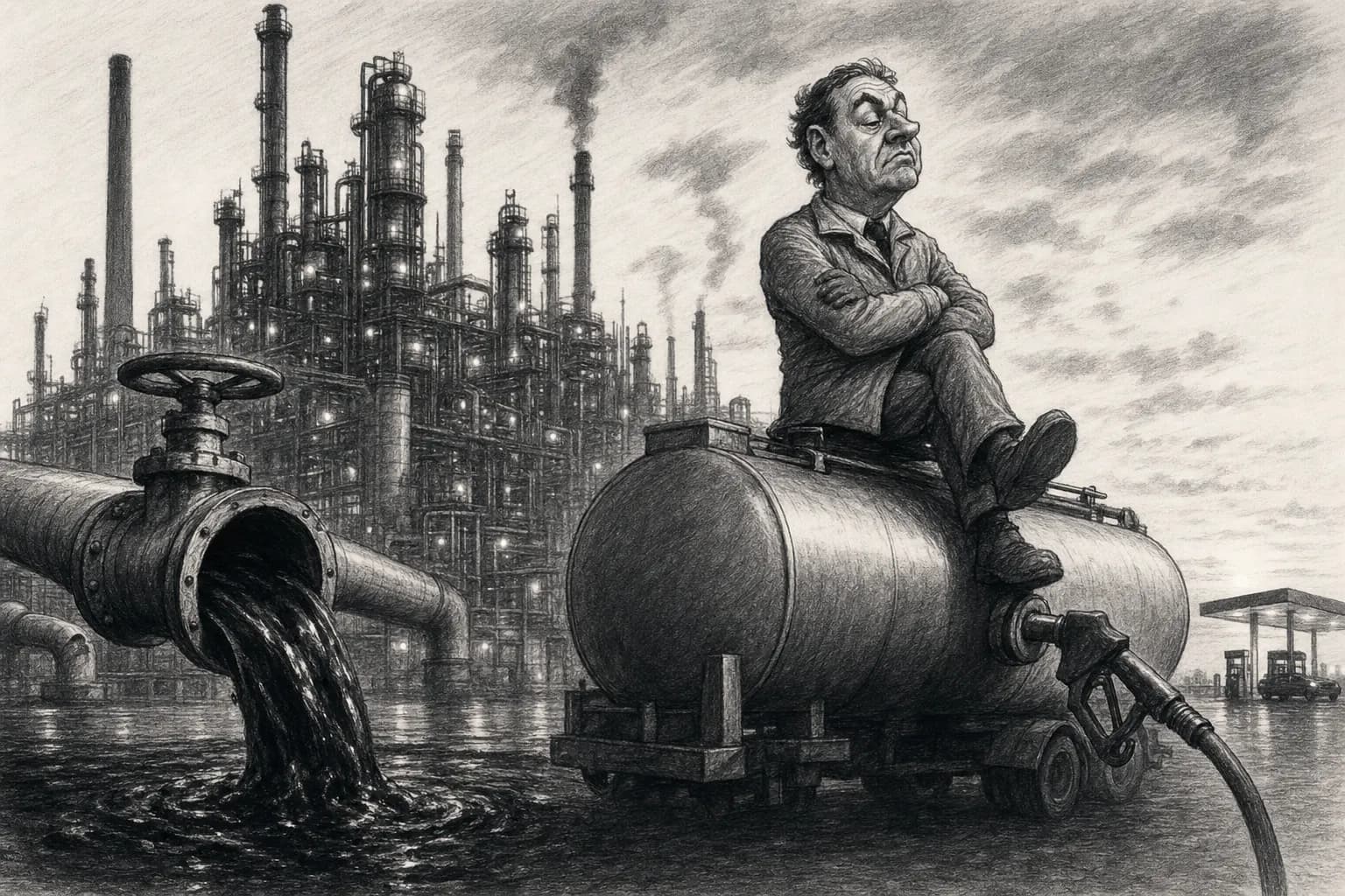 Raffinerie, cuves et citerne de diesel illustrant l’écart entre le prix du pétrole brut et celui du carburant raffiné.