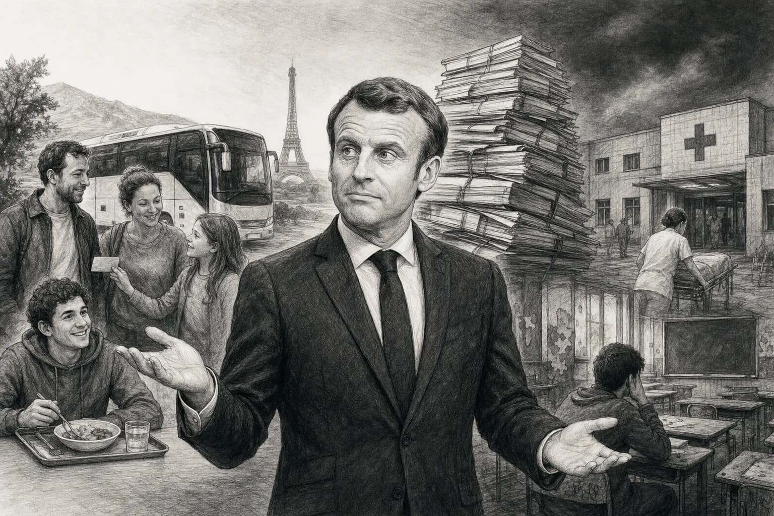Illustration au fusain d’Emmanuel Macron entre des mesures sociales et la pression de la dette et des services publics.