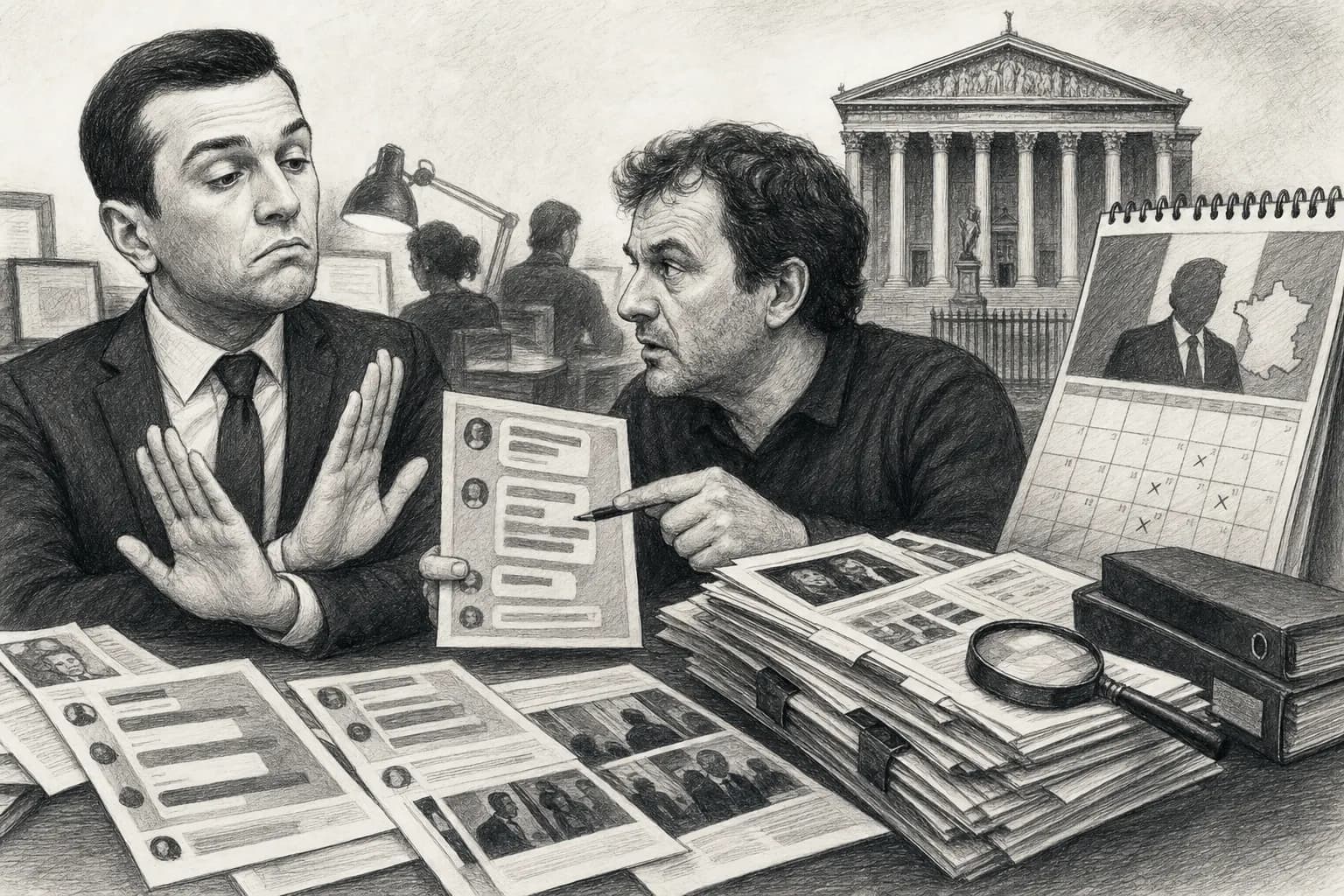 Illustration au fusain d’un dossier d’enquête sur une table, avec le palais de justice en arrière-plan.