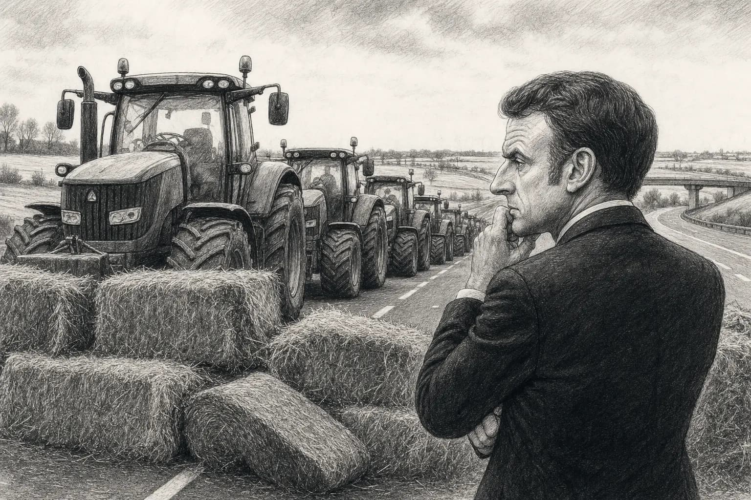 Illustration au fusain de tracteurs agricoles bloquant une autoroute française derrière des bottes de paille, au milieu de champs d’hiver.