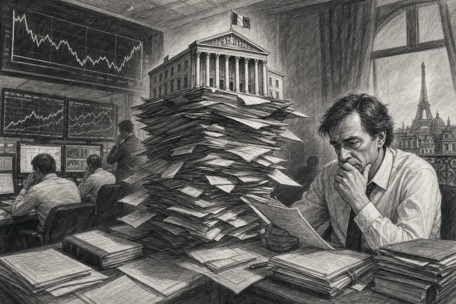 Illustration au crayon d’une salle consacrée aux marchés obligataires et de dossiers financiers représentant la dette de l’État.
