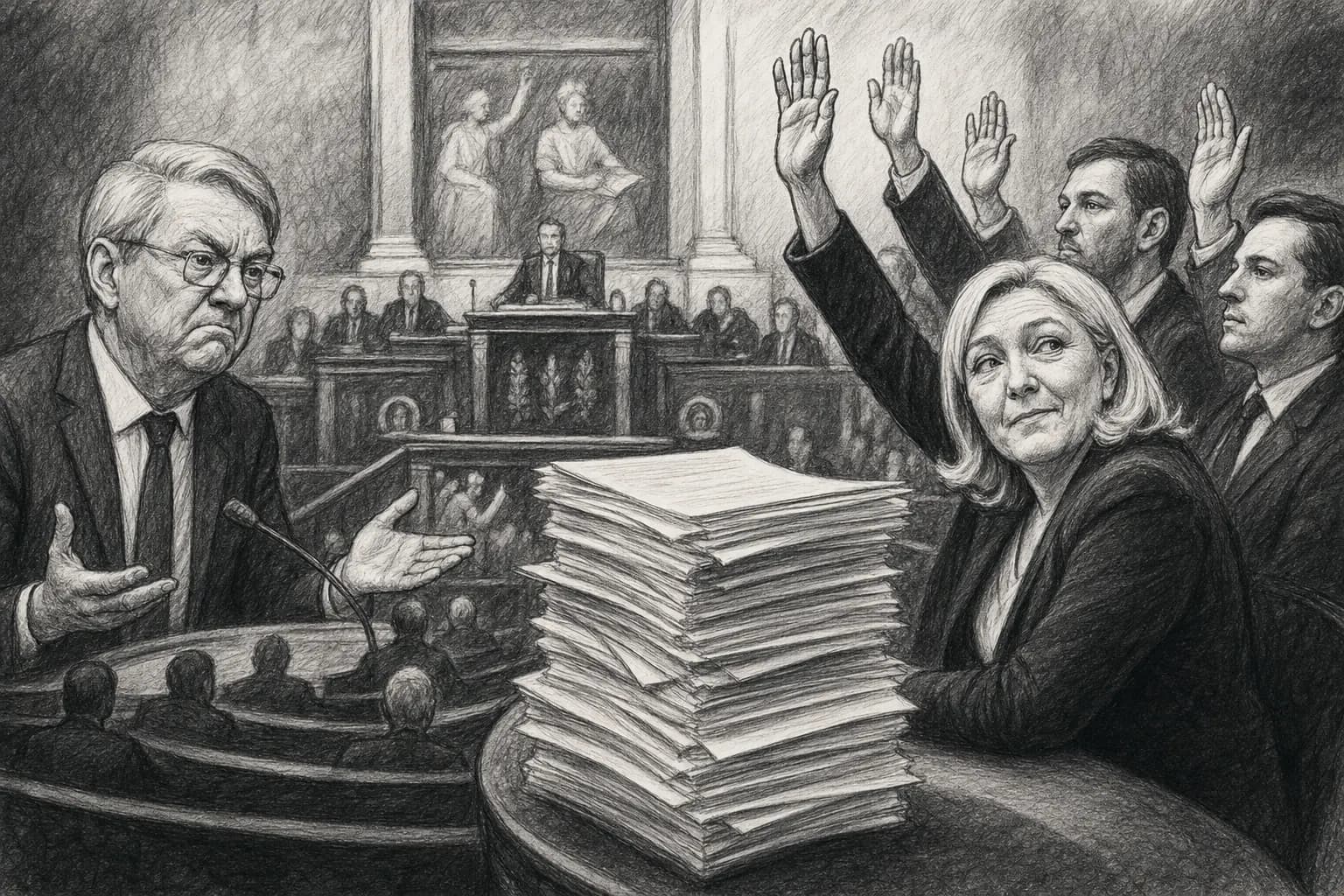 Illustration au crayon de l’hémicycle de l’Assemblée nationale et de silhouettes de députés autour des documents du budget.