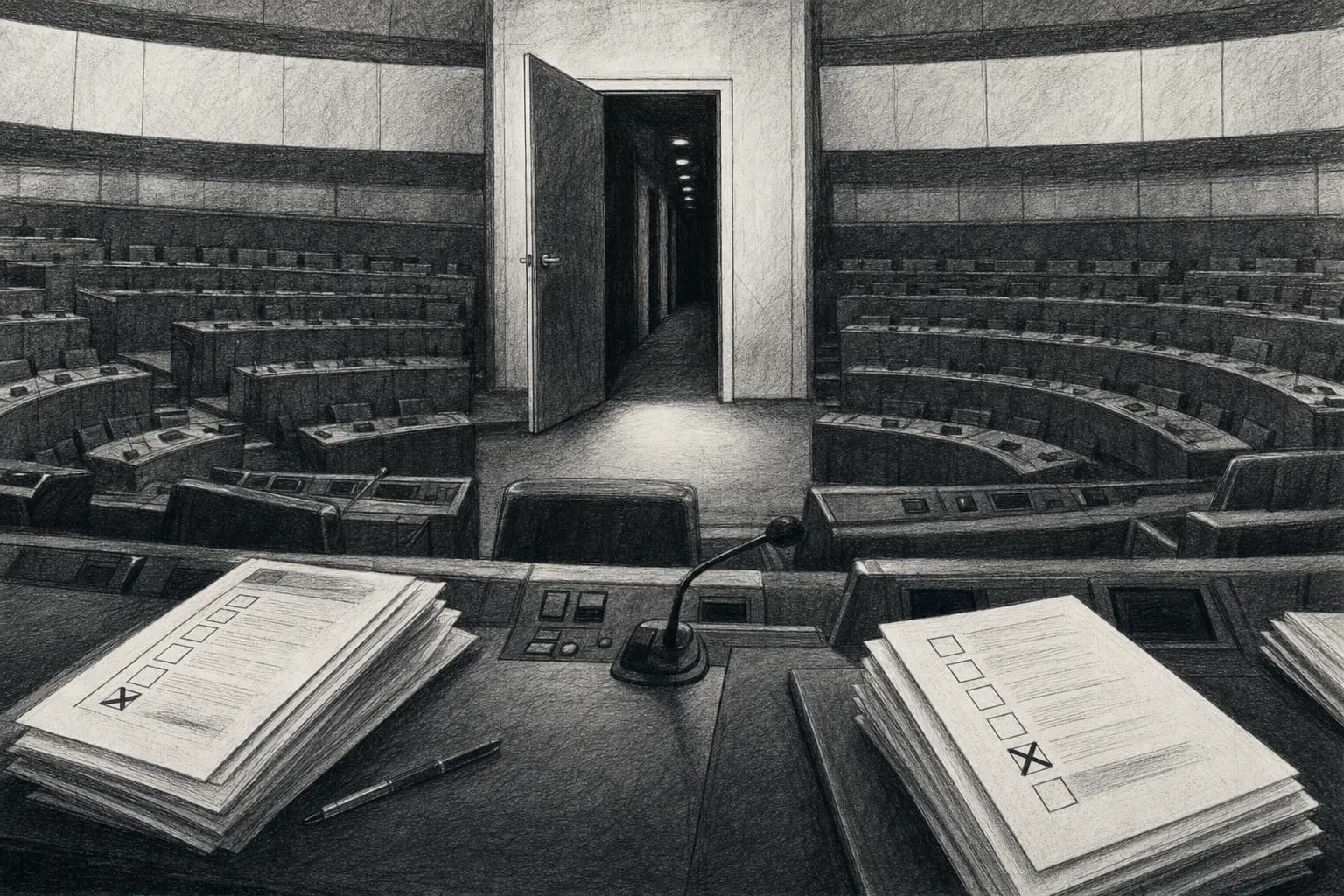 Dessin en noir et blanc d'une salle parlementaire vide et d'une porte entrouverte, symbole de l'accès au pouvoir.