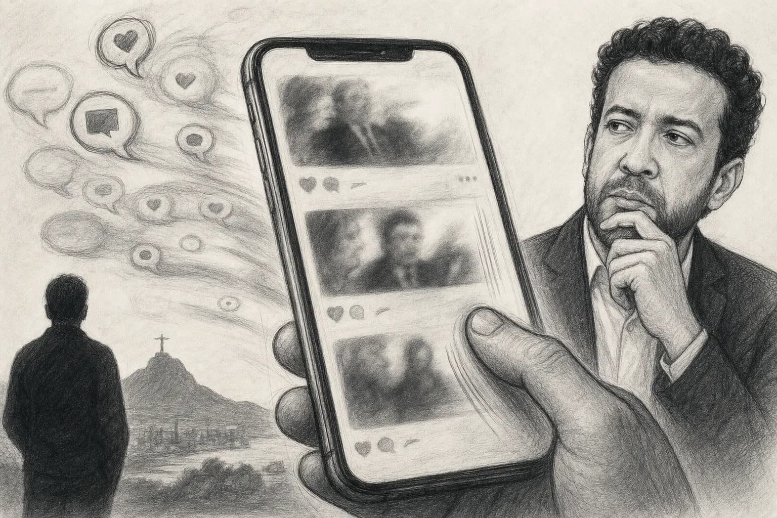 Illustration au fusain d'une main faisant défiler sur un téléphone un fil politique flouté, avec des interactions qui s'effacent.