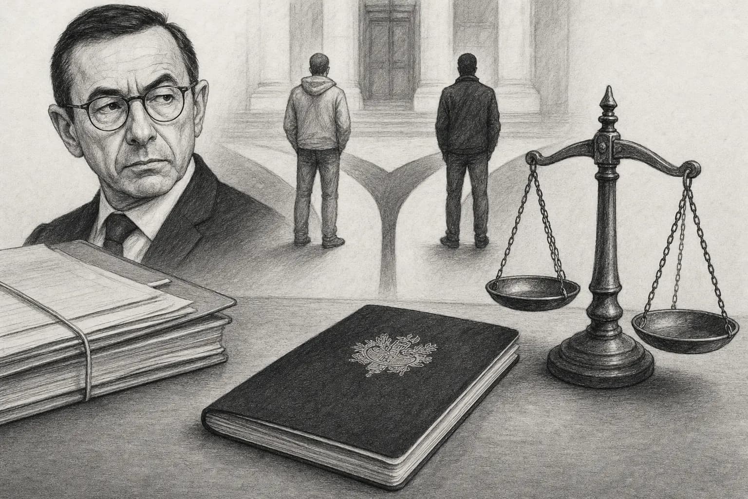 Dessin au fusain d’un passeport français, d’un dossier judiciaire et d’une balance, devant deux silhouettes anonymes.