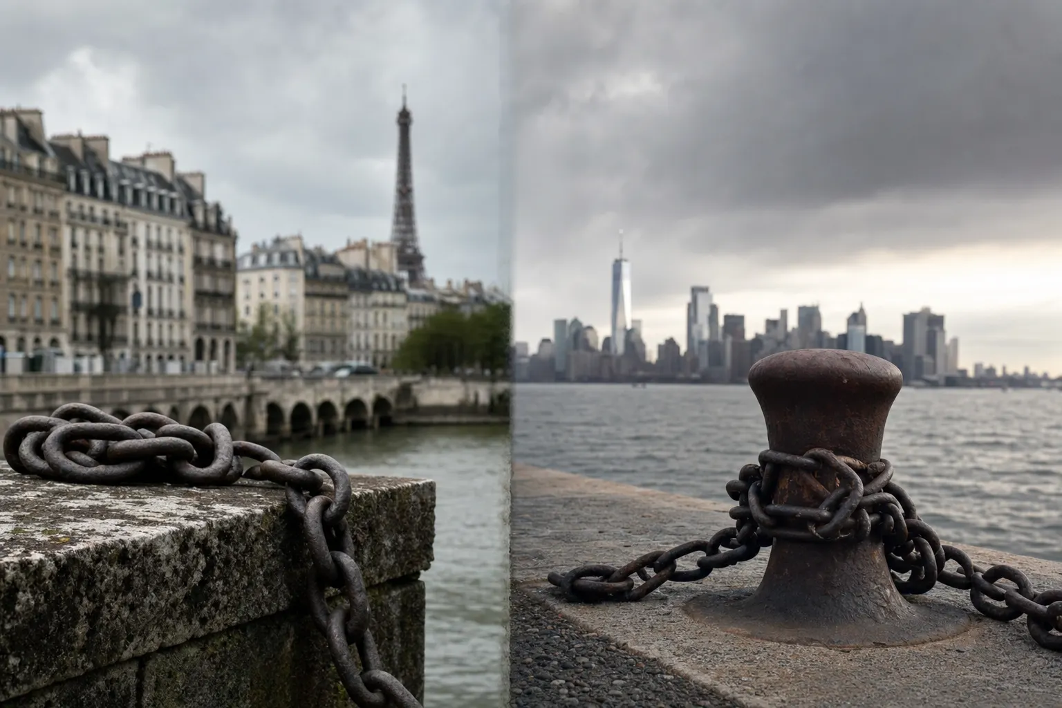 Deux piles d’obligations publiques française et américaine comparées sur une balance, sans texte ni portrait