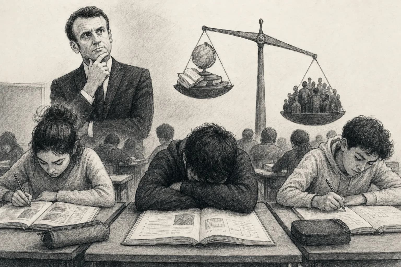Une salle de classe française avec des cahiers ouverts et des écarts visibles de progression entre élèves