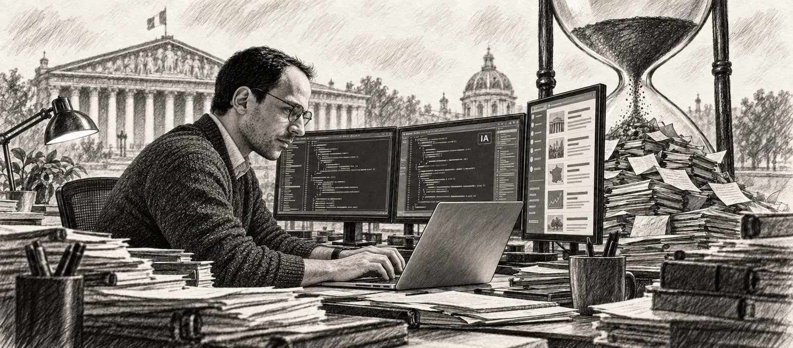 Aymeric Fraincart travaille devant trois écrans, entouré de dossiers et d’un sablier géant.
