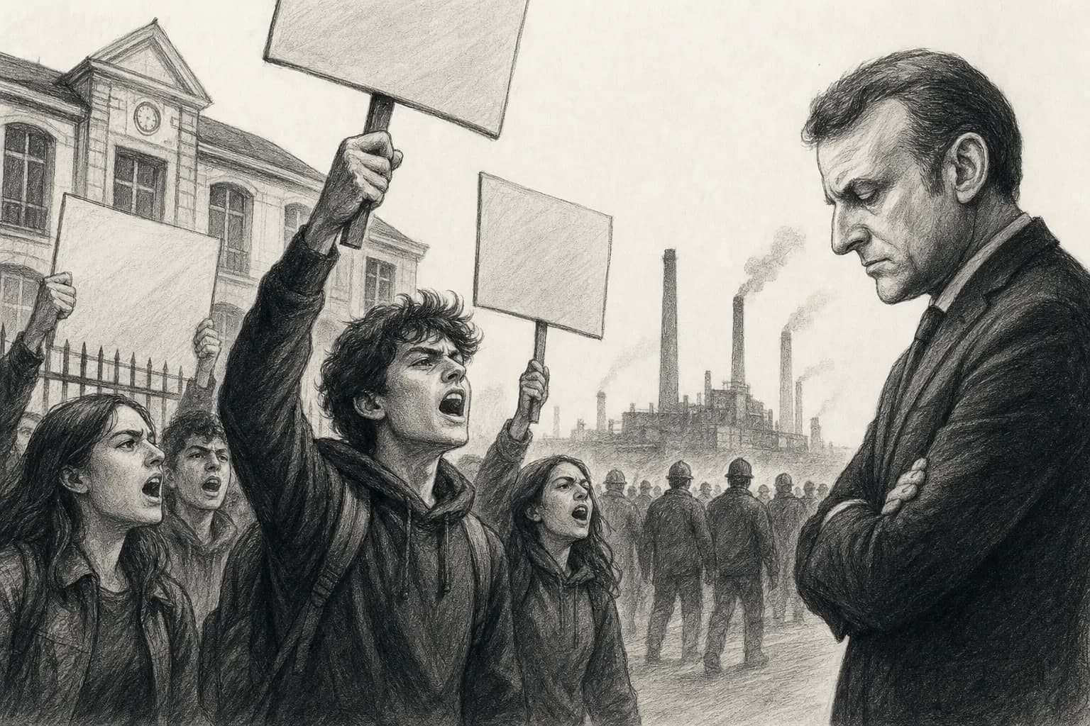 Illustration au fusain de lycéens manifestant devant un établissement scolaire, avec des silhouettes d’ouvriers et une usine à l’arrière-plan.